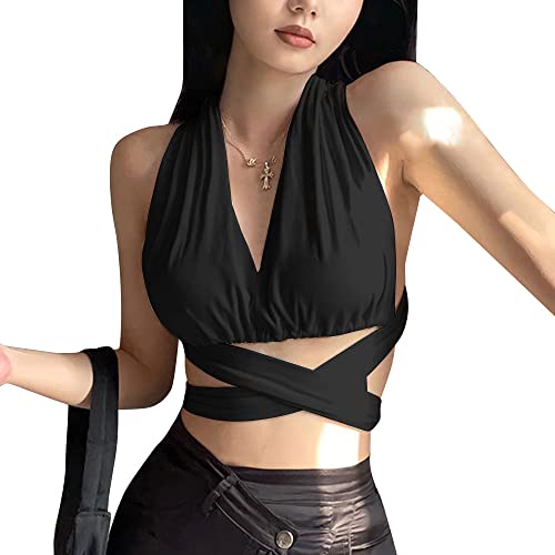 Damen Neckholder Criss Cross Wrap Tank Tops Backless Crop Top Rückenfreies Tops Ärmellose Corset Top Sommer Oberteile Sexy Weste Basic T-Shirt Slim Fit Cut Out Shirts Schwarz von BKEPDY