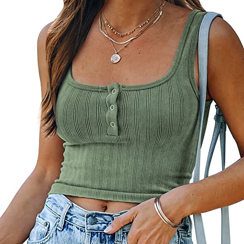 Damen Sexy Tank Tops Ärmellose Geripptes Crop Tops mit eckigem Ausschnitt Bauchfreies Basic Shirts Sommer Top Einfarbig Strickoberteil mit Knöpfen von BKEPDY