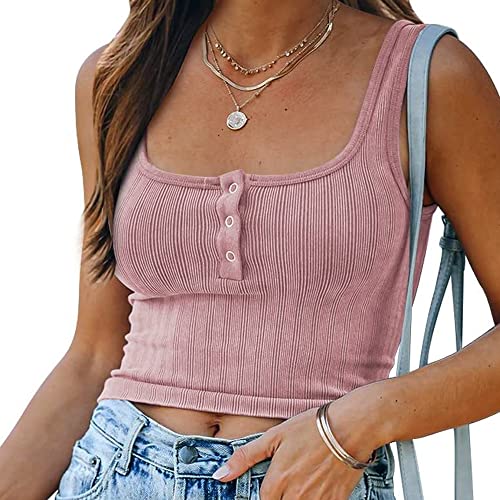 Damen Sexy Tank Tops Ärmellose Geripptes Crop Tops mit eckigem Ausschnitt Bauchfreies Basic Shirts Sommer Top Einfarbig Strickoberteil mit Knöpfen von BKEPDY