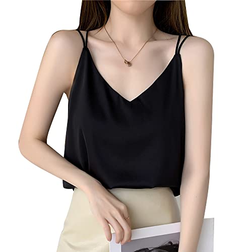 BKEPDY Damen Satin Tank Top Ärmellose Blusentop Basic Cami Sommer Lässige Weste V-Ausschnitt Oberteile Blusen Shirt Spaghettiträger Damen Basic Top von BKEPDY