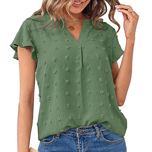 Damen T Shirt mit V-Ausschnitt Kurzärmeliges Rüschen Kurzarm Bequeme Kurzarm-Tops Kühl bequem und atmungsaktiv Sommer Lässige Dot Oberteil von BKEPDY