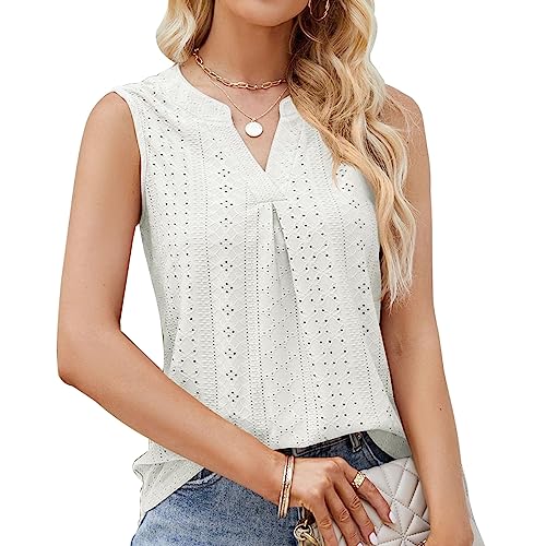 Damen Tank Top Oberteile V-Ausschnitt Ärmellos Blusentop Basic Cami Sommer Lässige Weste Oberteile Blusen Shirt Casual Lose Shirt(Weiß L) von BKEPDY