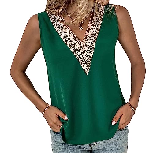 Damen Tank Top V-Ausschnitt Satin Cami Ärmellose Blusen Sommer Weste Shirt Tops Bluse Spitzentop Top mit Spitze Oberteile Casual Camisole Einfarbig von BKEPDY