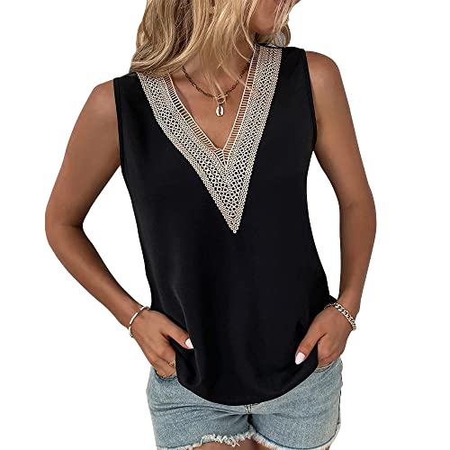 Damen Tank Top V-Ausschnitt Satin Cami Ärmellose Blusen Sommer Weste Shirt Tops Bluse Spitzentop Top mit Spitze Oberteile Casual Camisole Einfarbig von BKEPDY