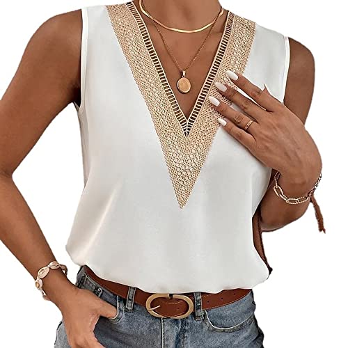 Damen Tank Top V-Ausschnitt Satin Cami Ärmellose Blusen Sommer Weste Shirt Tops Bluse Spitzentop Top mit Spitze Oberteile Casual Camisole Einfarbig von BKEPDY