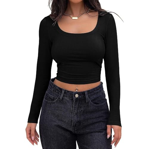 BKEPDY Langarmshirt Damen Slim Fit Oberteile Langärmliges Crop Top Für Damen Langen Ärmeln Hauteng Tops Basic Elegantes Bluse Longsleeve Damen Tshirt(Schwarz S) von BKEPDY