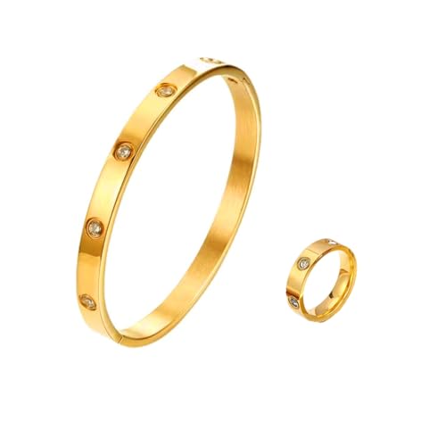 Schmuckset Gold Damen Armband Ringe Set Edelstahl Armbänder Zirkonia Armkette Vergoldete Knuckle Ring Midi Finger Ringe Verlobungsringe Eheringe Trauringe Schmuck Set für Frauen (Ring 6+Armband) von BKEPDY