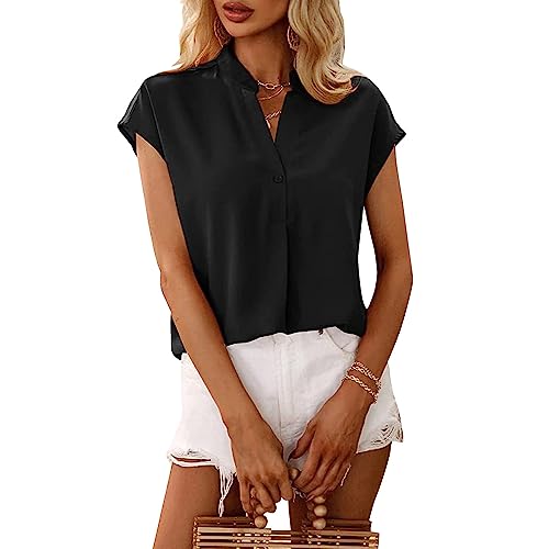 BKEPDY Shirts Damen Sommer Bluse Kurzarm Stehkragen Basic T Shirt Elegant Oberteile Casual Tshirt Locker Hemdbluse Leicht Blusenshirt Atmungsaktiv Sommerbluse von BKEPDY