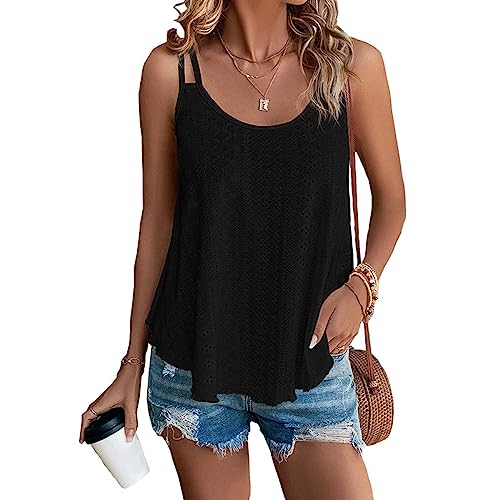 Tank Top Damen Spaghetti Tops Sexy Ärmelloses Elegant Camisole Doppeltes Riemenoberteil Sommer Unterhemd Entspannt Basic Cami Shirts(Schwarz L) von BKEPDY