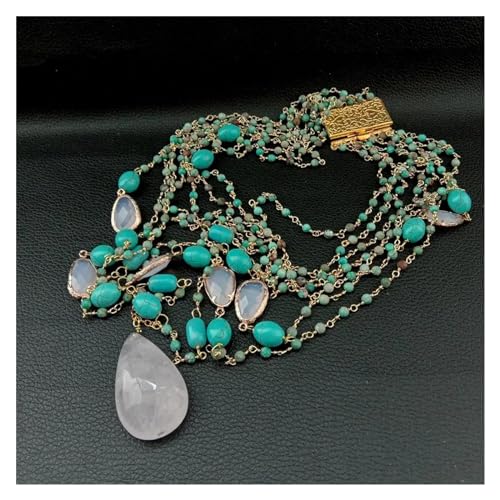 BKGWCSOR Echter Rosenquarz-Tropfen-Anhänger, 7 Stränge, Meeressediment-Jaspis, rosa Kristall-Halskette, Übertreibung, ethnisch, for Frauen von BKGWCSOR