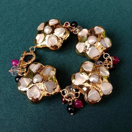 BKGWCSOR Garnet Agate Beaded White Sea Shell Pearl Flower Bracelet Women Jewelry Gift von BKGWCSOR