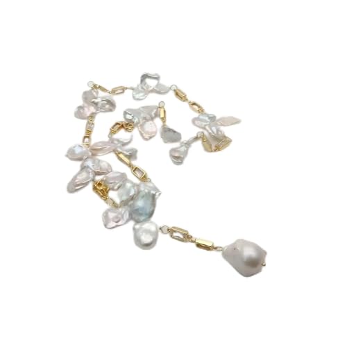 BKGWCSOR Natürliche, oben gebohrte weiße Keshi-Perlen-CZ-Pavé-Kettenhalskette im süßen Stil for Frauen von BKGWCSOR