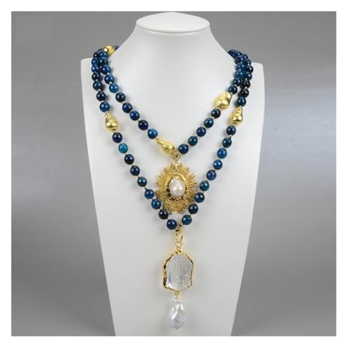 BKGWCSOR Schmuck Blaue Achate Halskette Keshi Perle Klarer Quarz Buddha Kopf Anhänger Halskette 20" Religiöser Stil for Frauen von BKGWCSOR