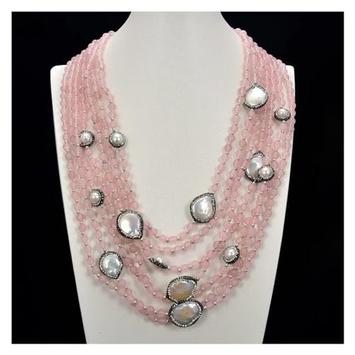 BKGWCSOR Schmuck Natürliche Perle 7 Stränge Weiße Münze Keshi Perle Rosa Rosenquarz Halskette for Frauen von BKGWCSOR