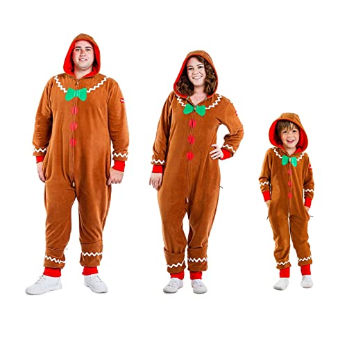 BKPAPTXY Erwachsene Kinder Weihnachten Lebkuchen-Kostüme Reißverschluss Kapuzen-Overall für Frauen Familie Weihnachten Party Urlaub Kostüme (Braun Kind Lebkuchen, XXXL) von BKPAPTXY