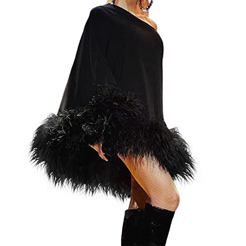 BKPAPTXY Figurbetontes Minikleid aus Kunstfell mit einer Schulter, langen Ärmeln, Fellbesatz, figurbetont, kurzes Kleid, sexy Feder-Slip-Cocktail-Abendkleid, Schwarz , Small von BKPAPTXY