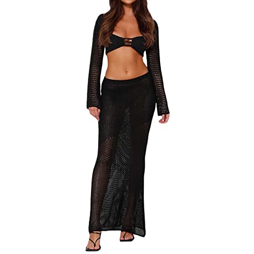 BKPAPTXY High Women Bodycon Set Rock Out Strick Langarm Tops Crop Maxi für Hohl mit langem Set Häkelrock Taille Lang Strick, Häkelnadel, Schwarz, 36 von BKPAPTXY