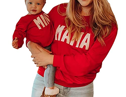 BKPAPTXY Mutter Sweatshirt Damen Baby Mädchen Herbst Pullover Langarmshirt mit Mama/Mini Aufdruck Familie Kleidung Partnerlook Outfits Sweatshirts Outwear (Rot Baby, 12-18Monate) von BKPAPTXY