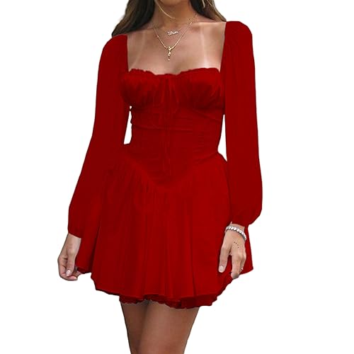 BKPAPTXY Puff-Rüschen-Kleid Eingebaute Shorts Langarm Schulterfrei Geschichtetes Chiffon-Kleid 2022 Freizeitkleid, Bb-rot, Medium von BKPAPTXY