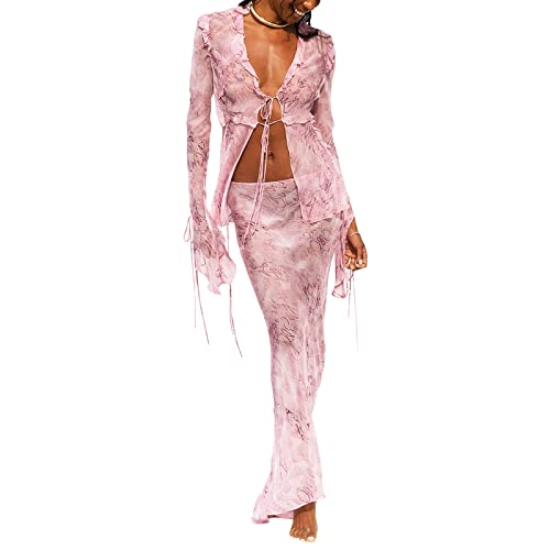 BKPAPTXY Zweiteiliges Damen-Outfit mit Rüschen, durchscheinend, mit langen Ärmeln, Netzstoff, bauchfreies Top + hoher Taille, figurbetont, langer Rock, Y2k, Sommer, Strand, Streetwear, A-Pink, 38 von BKPAPTXY