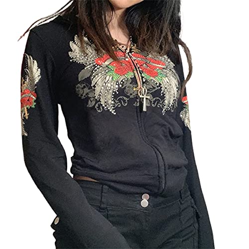 BKPAPTXY Damen Y2K Zipper Hoodies Vintage Graphic Print Sweatshirt Slim Fit Langarm Kapuzenoberteile mit Taschen Ästhetischer Mantel 90er E-Girl Streewear (Black-B, Medium) von BKPAPTXY