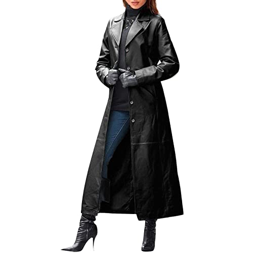 BKSCAYXS Damen Herbst Winter Langer Ledermantel Temperament Casual Peplum Windbreaker Jacke Trenchcoat Kunstleder Offener Vorderseite Umlegekragen Lange Ärmel Winterjacke mit Taschen (Black #1, S) von BKSCAYXS