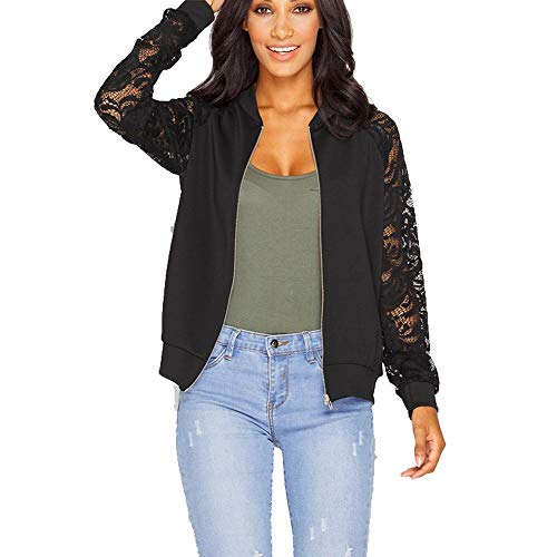 BKSCAYXS Damen Langarm Spitze Spleißen Zip Kleine Jacke Spitzenjacke Blumenmuster Übergangsjacke Lange Ärmel Blouson Frühling Herbst Bomberjacke mit Reißverschluss Basic Cardigan von BKSCAYXS