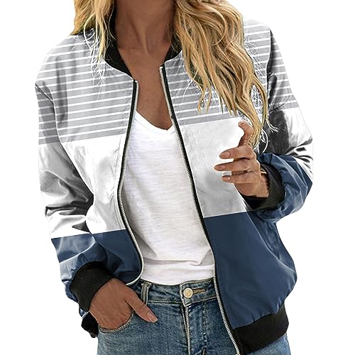 BKSCAYXS Damen Reißverschluss Langarm Print Casual Freizeitjacke Baseball Uniform dünne Jacke Blumenmuster Herbst Bomberjacke Stehkragen Outwear Kurz Coat Frühling Leicht Leichte Sommer (M1-Navy, S) von BKSCAYXS