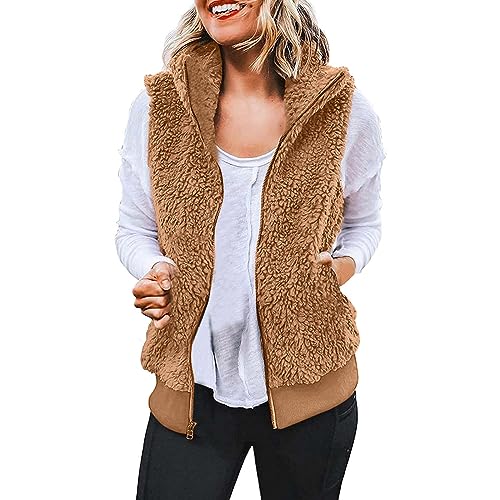 BKSCAYXS Damen Westen Lässige Fleeceweste Plüschweste Kunstfell Teddy Fleece Weste Outwear Herbst Winter Teddyweste Mit Reißverschluss Plüschjacke Kuschelig Casual Wintermantel von BKSCAYXS