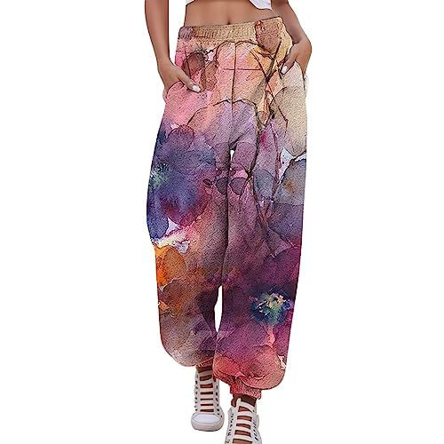 BKSCAYXS Sweatpants Damen Hohe Taille Freizeithose Lustige Patchwork Loungewear Mit Elastischem Bund Weitem Bein Yoga Hosen Casual Jogginghose Lounge Bunte Patchwork-Streifen Schlupfhose Gummizug von BKSCAYXS