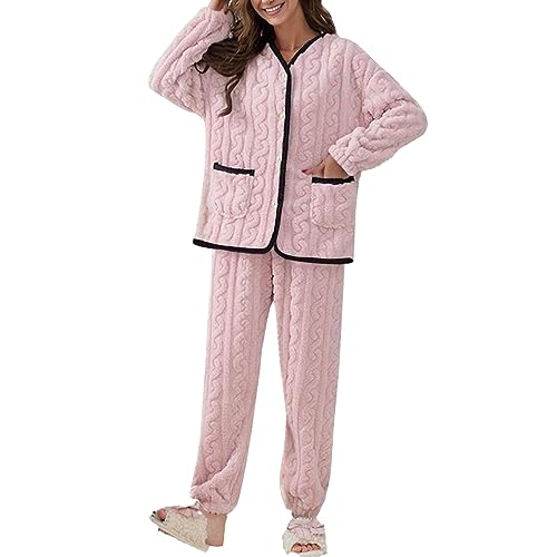 Schlafanzüge für Damen Herbst Winter Pyjama Set Jacquard Korallen Samt Langarm Flanell Nachthemd Süß Niedlich Nachtwäsche Winterpyjamas Warm Frauen Dicker Korallenmille Homewear von BKSCAYXS