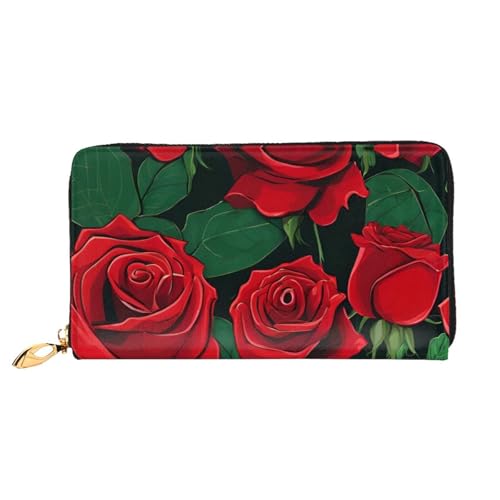 BKTRAVERPT Lange Geldbörse aus Leder, rote Rose mit Reißverschluss, stilvoller Kreditkarten-Organizer, Clutch-Tasche für Damen und Herren, Handy-Geldbörse, 3D-Druckmuster, Einheitsgröße, Casual von BKTRAVERPT