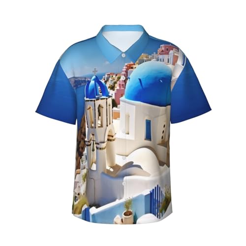 BKTRAVERPT Santorini Griechische Insel Meer Blick Funky Sommer Hawaiihemd für Herren Bequem Atmungsaktiv Button Down Strandhemd mit Kurzarm Casual Loose Fit Party Festival Urlaub Shirts, 3D-Muster, von BKTRAVERPT