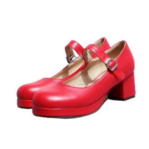 BKYWJTR6 Braut Hochzeit Große Größe Süße Lolita Mädchen Rot Schwarz Schnalle Dekoration Casual Mary Janes Plattform Schuhe Frauen Gothic Stil, Mattes Leder, 45 EU von BKYWJTR6