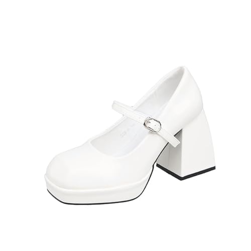 Design Schnalle Pumps Dicke Absätze High Heels für Lady Mary Jane Schuhe Plattform Wasserdicht JK Punk Schuhe Schuhe Quadratische Ferse, weiß, 40.5 EU von BKYWJTR6