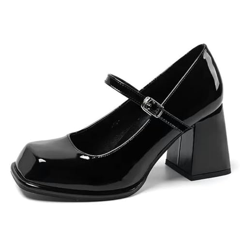 Mary Jane Schuhe Klassische Chunky Heels für Frauen Elegant Block Heels Lack Leder Geschlossene Zehe Bequem Kleid Büro Kirche Solide Pumps, Schwarz , 38.5 EU von BKYWJTR6