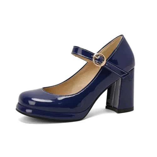 PU Lackleder Grün Marineblau Geschlossene Zehe Reife Damen Büro Pumps Schnalle Riemen Vintage Frauen Mary Janes Schuhe Block Heels, blau, 35.5 EU von BKYWJTR6