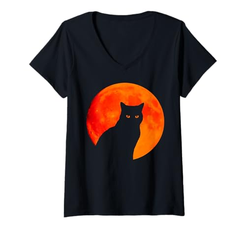 Damen Vintage Gruseliges Weihnachtskatzenkostüm Retro Katze Mond Schwarze Katze T-Shirt mit V-Ausschnitt Damen Vintage Gruseliges Weihnachtskatzenkostüm Retro Katze Mond Schwarze Katze T-Shirt mit V-Ausschnitt von BLACK CAT AND MOON HALLOWEEN APPAREL