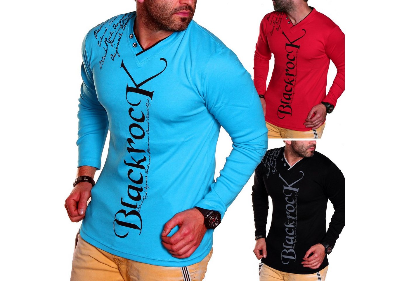 BLACKROCK 2-in-1-Langarmshirt Herren Langarmshirt Henley V-Kragen Longsleeve Pulli Sweatshirt V-Neck von BLACKROCK