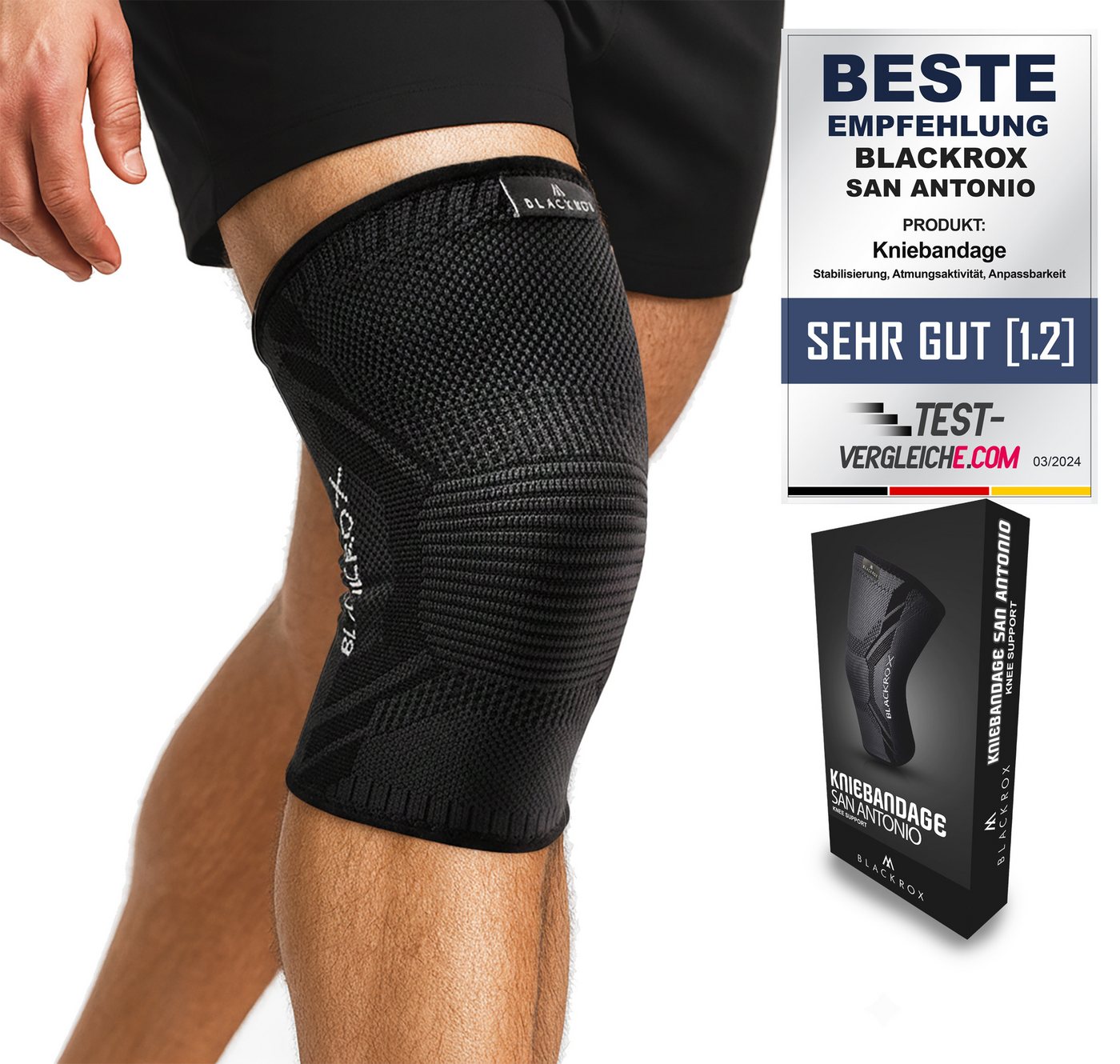 BLACKROX Kniebandage [Vergleichssieger 2025] SAN-ANTONIO V4, Gr.S-XL, elastische Sport von BLACKROX