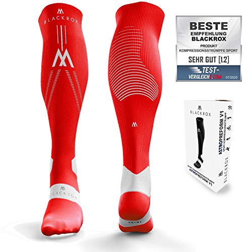 BLACKROX Kompressionsstrümpfe Sport Astropreform Kompressionssocken Vergleichssieger Sportkompressionsstrumpf Laufstrümpfe Fussball Damen Herren Lang Compressions Socks (Rot, S-M) von BLACKROX