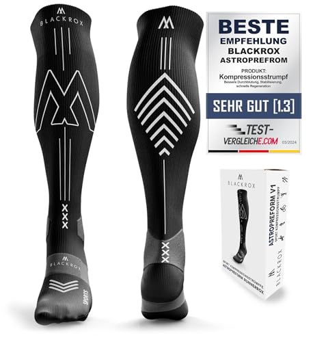 BLACKROX Kompressionsstrümpfe Sport Astropreform Kompressionssocken Vergleichssieger Sportkompressionsstrumpf Laufstrümpfe Fussball Damen Herren Lang Compressions Socks (Schwarz-RUNNERROX, S-M) von BLACKROX