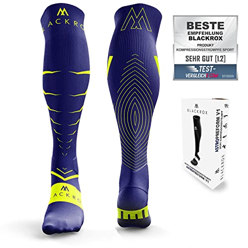 BLACKROX Kompressionsstrümpfe Sport VIPEROX Kompressionssocken Vergleichssieger Sportkompressionsstrumpf Laufstrümpfe Damen & Herren Lang Unisex (BLAU-GELB, S-M (37-41)) von BLACKROX