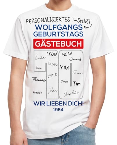 Interaktiv Personalisiertes Gästebuch T-Shirt für 70 Geburtstag Mann — Mit Deinem Namen, Text Großer Alterszahl — Geboren 1955 — Geschenke für Männer 70 Jahre und 70 Geburtstag Deko Weiß60 XXL von BLAK TEE