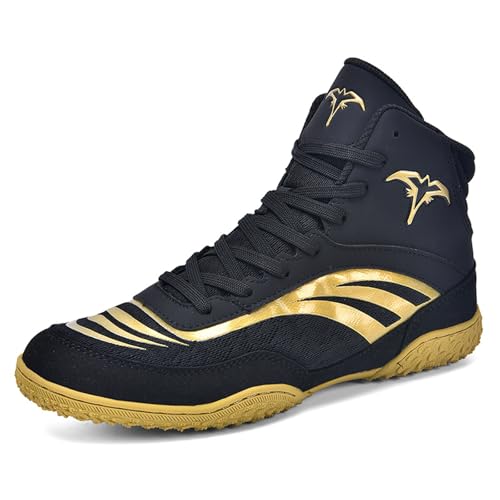 BLBK BoxenSchuhe Herren Boxers Trainer Atmungsaktiv Boxen Stiefel ringerschuhe für männer,Boxing Shoes,Schwarz Gold EU44 von BLBK