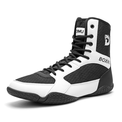 Boxschuhe Herren Wrestling Schuhe Jugendliche Muay Thai Kickboxen Sparring Boxers Trainers Kampfsport Schuhe Atmungsaktive Bodybuilding Boxen Stiefel,Schwarz und Weiß EU43 von BLBK