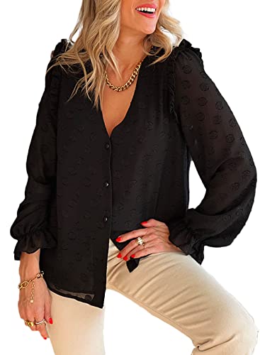 BLENCOT Bluse Damen Langarm Einfarbig Casual Oberteile V-Ausschnitt Sommer Blusen Schweizer Polka Dot Strukturiertes Durchsichtiges Tops, Beige, L von BLENCOT