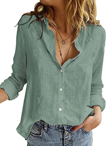 BLENCOT Bluse Damen musselin Bluse Grün Langarm Hemden Roll Up Ärmel Button Down Blusen Tops von BLENCOT