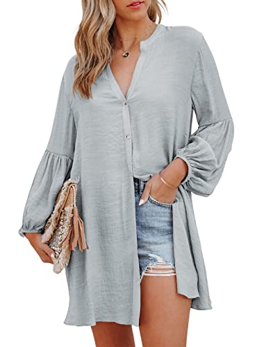 BLENCOT Blusenkleid Damen Bikini Cover up Damen-Blusenkleid mit V-Ausschnitt und Langarm Hemd Damen Oberteile Damen Sommer Langarm Button Down Shirts Kleider, Grau, L von BLENCOT