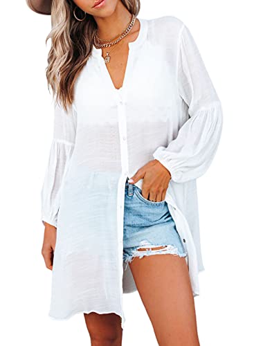 BLENCOT Blusenkleid Damen Bikini Cover up Damen-Blusenkleid mit V-Ausschnitt und Langarm Hemd Damen Oberteile Damen Sommer Langarm Button Down Shirts Kleider, Weiß, L von BLENCOT